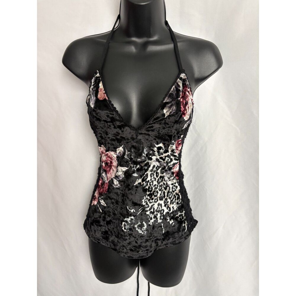Demi Loon Y2K Crushed Velvet Lace Top Floral Leopard Print 2000s Sexy Model S
